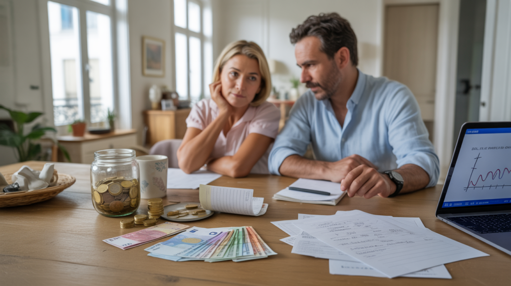 Scène réaliste dans un appartement français avec un couple examinant leurs économies sur une table remplie de documents, euros, ordinateur et objets du quotidien.
