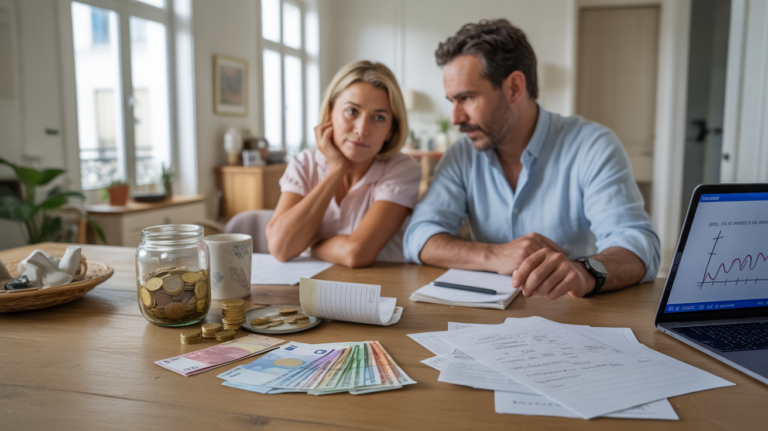 Scène réaliste dans un appartement français avec un couple examinant leurs économies sur une table remplie de documents, euros, ordinateur et objets du quotidien.