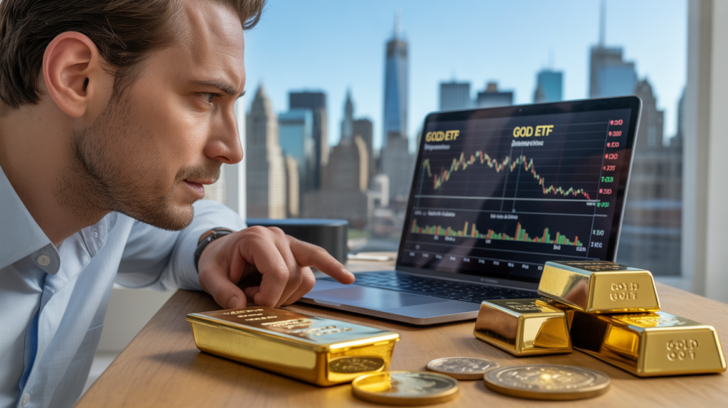 Scène réaliste montrant un bureau moderne avec un investisseur analysant des données financières liées à l’or, entouré de lingots et pièces d’or dans une ambiance naturelle et authentique.