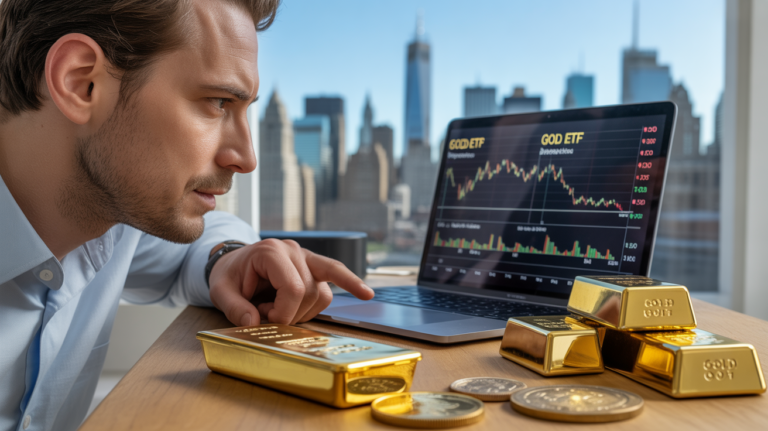 Scène réaliste montrant un bureau moderne avec un investisseur analysant des données financières liées à l’or, entouré de lingots et pièces d’or dans une ambiance naturelle et authentique.