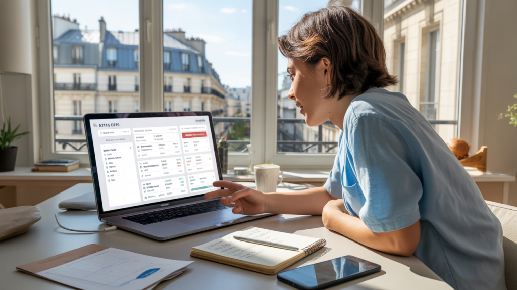 Jeune professionnel examinant des ETF éligibles au PEA dans un appartement parisien lumineux, avec une scène réaliste et authentique.