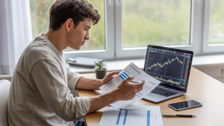 Jeune investisseur analysant de vrais graphiques boursiers européens sur un ordinateur portable dans une scène naturelle, lumineuse et réaliste.