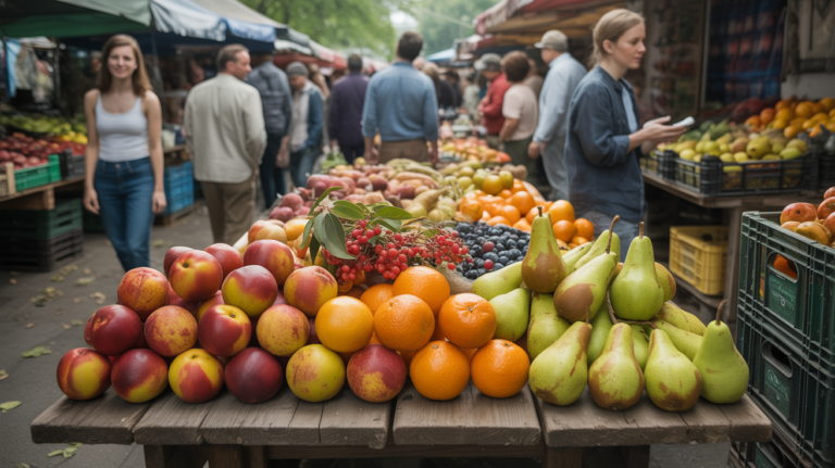 Scène réaliste d’un marché en plein air avec une table en bois remplie de nectarines, oranges navel, poires nashi et baies naturelles.