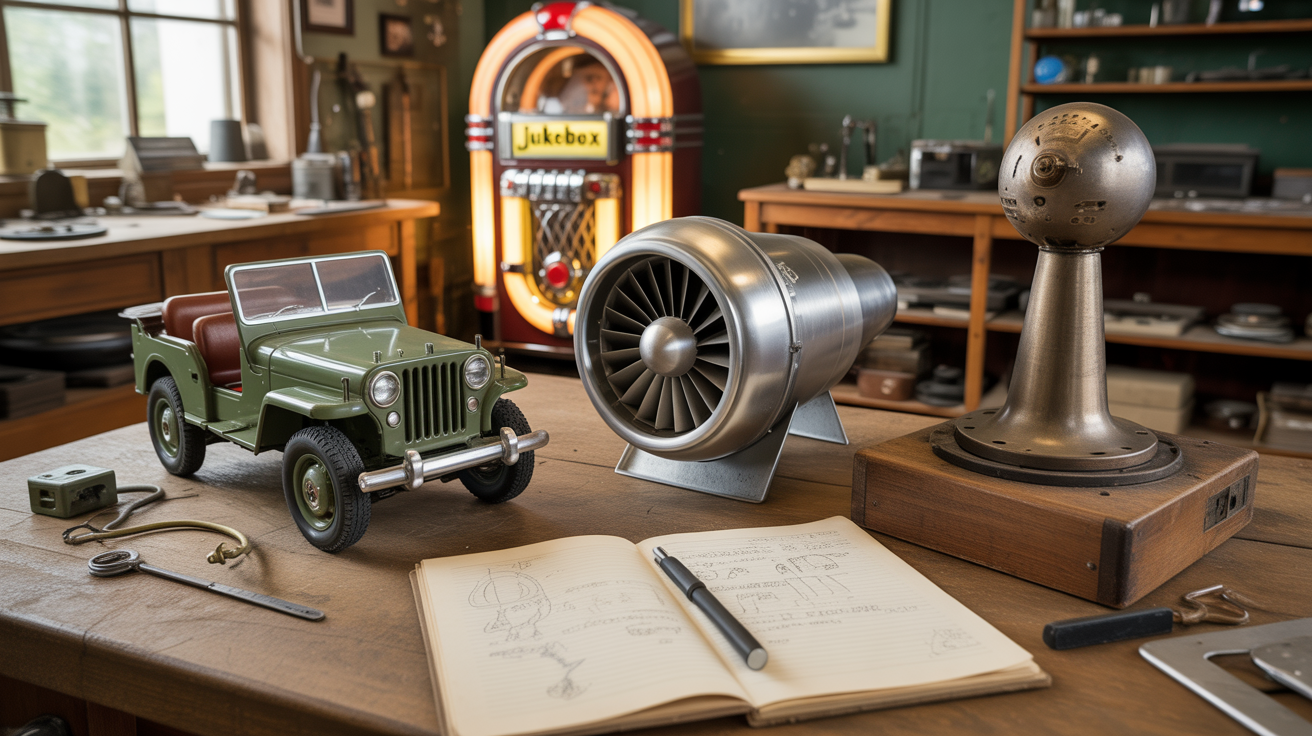 Scène réaliste dans un atelier vintage avec une Jeep miniature, une pièce de turboréacteur, un joystick usé, un vieux jukebox lumineux et un journal de notes ouverts sur un établi.