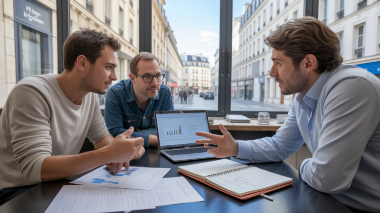 Investisseur et entrepreneurs en réunion dans un espace de coworking parisien, discutant d’un projet de startup avec documents et ordinateur.