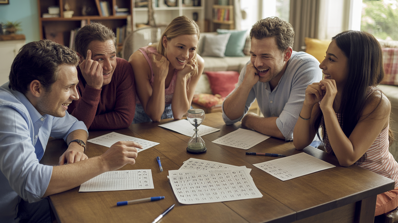 Scène réaliste de personnes jouant à un jeu de mots autour d’une table avec feuilles et listes de lettres.
