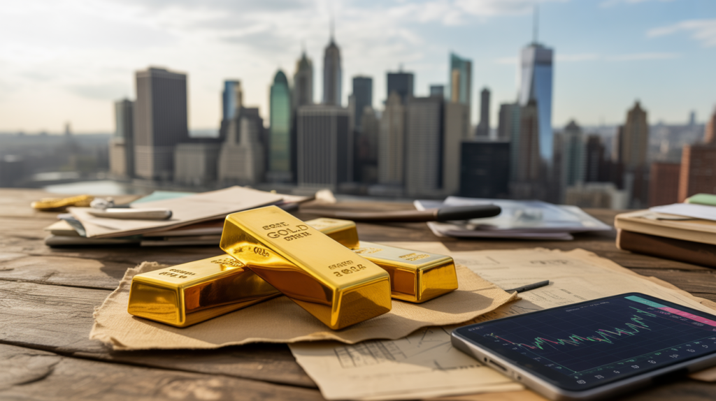 Photo réaliste de lingots d’or posés sur un bureau de trader avec en arrière-plan une véritable skyline financière sous une lumière naturelle.