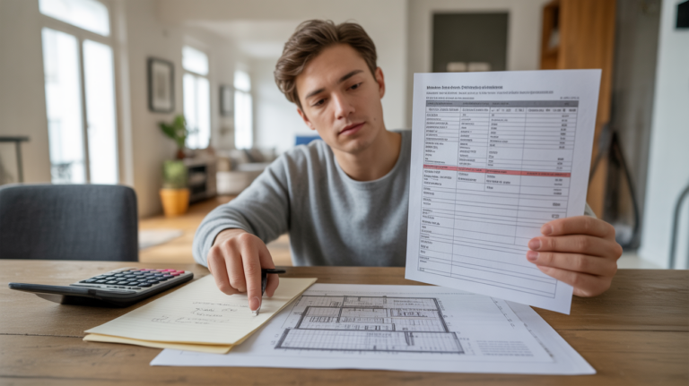 Investisseur examinant des documents fiscaux LMNP sur une table en bois dans un appartement moderne et réaliste.