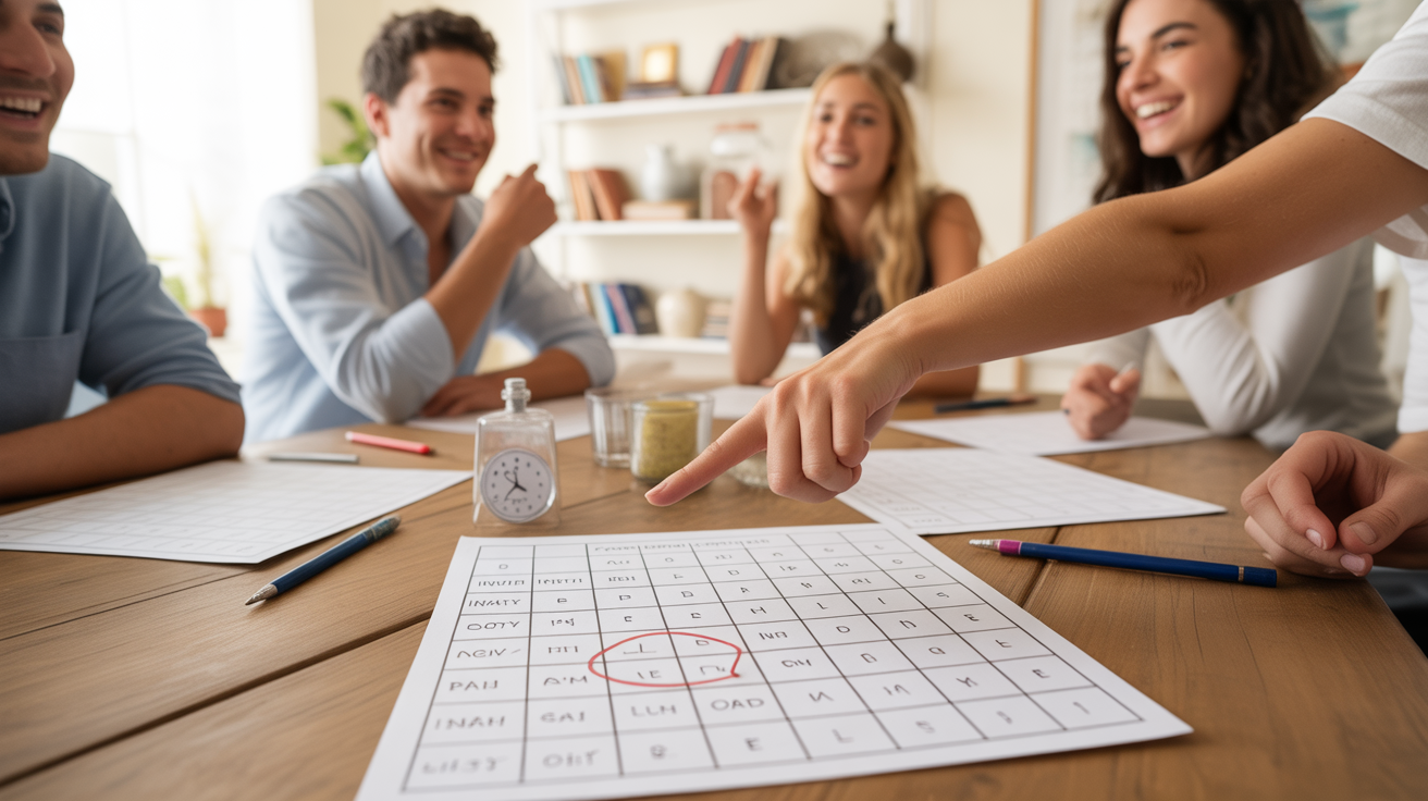 Scène réaliste de personnes jouant au petit bac autour d’une table en bois, avec une feuille indiquant la lettre L et différentes catégories.