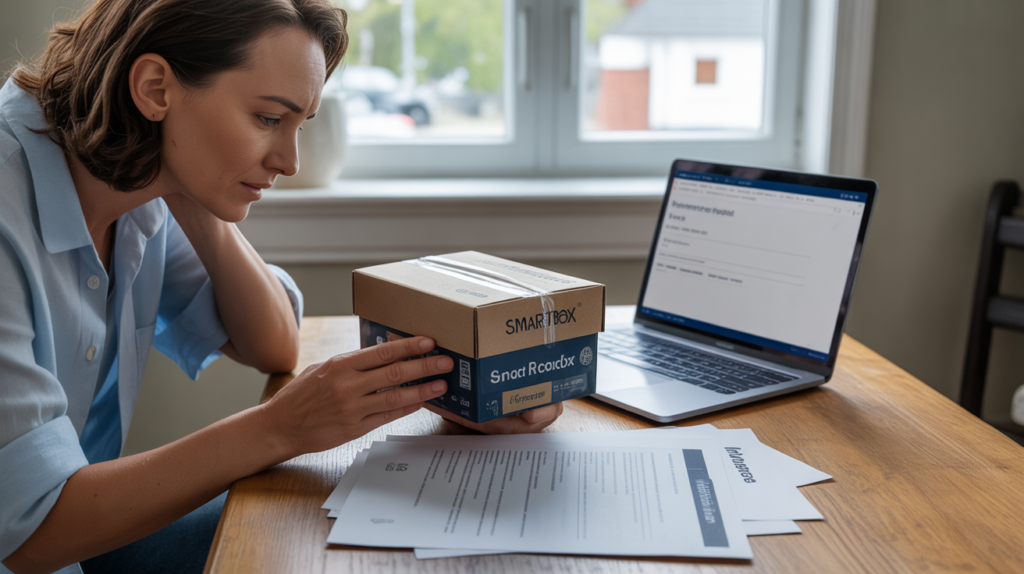 Personne examinant une Smartbox et des documents de remboursement sur un bureau lumineux avec une scène domestique réaliste en arrière‑plan.