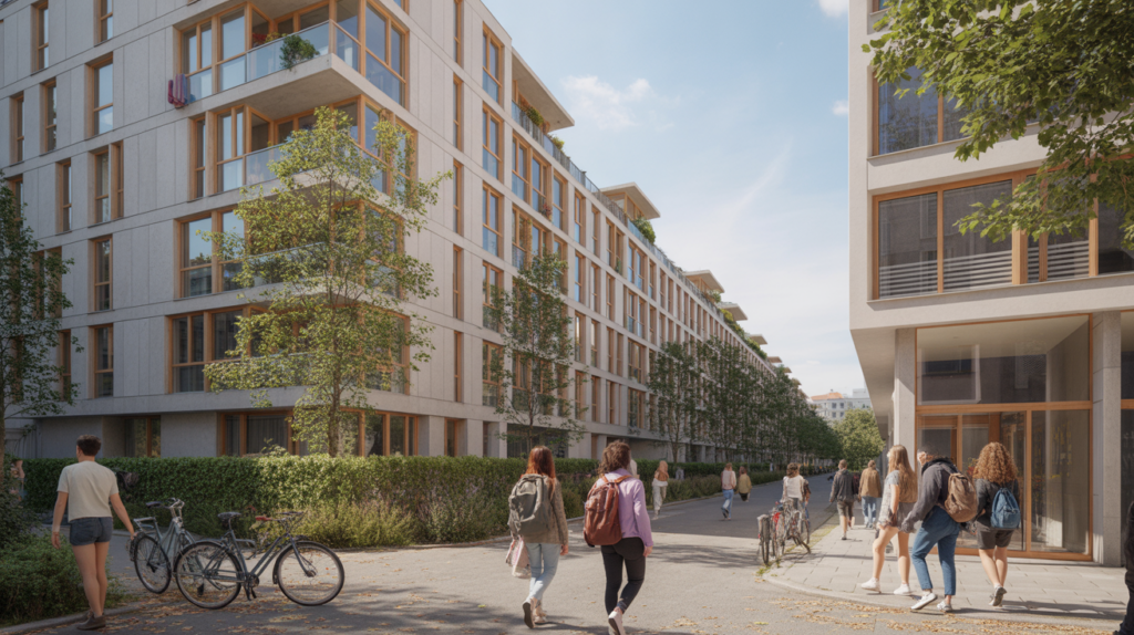 Résidence étudiante moderne et réaliste avec des étudiants dans une scène urbaine authentique.