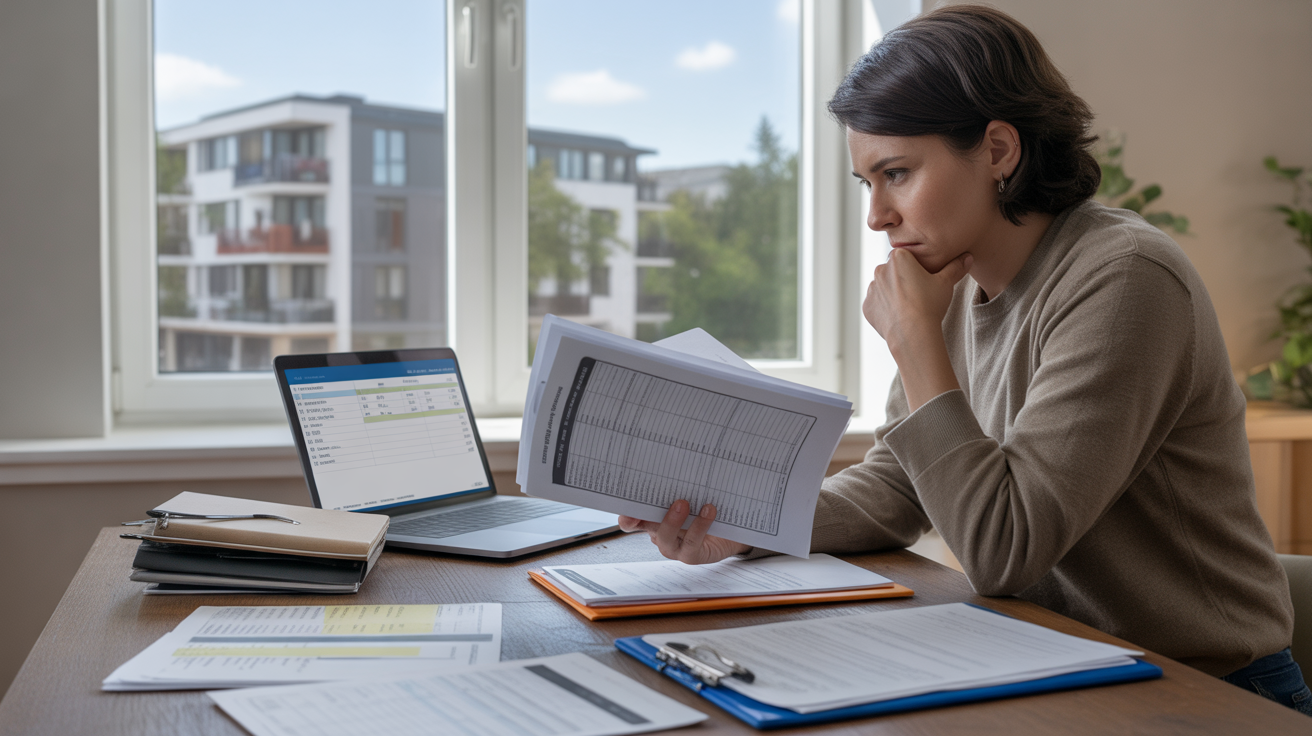 Personne examinant des documents de gestion locative devant une fenêtre avec un immeuble réel en arrière-plan, scène réaliste et naturelle.