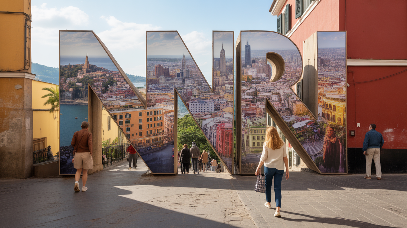 Collage réaliste et authentique mêlant plusieurs villes du monde commençant par N, avec architectures réelles, scènes de rue vivantes et ambiance naturelle.